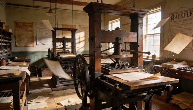 Antique wooden platen press producing printed pages in sunlit vintage print shop