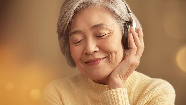 Smiling senior asian woman listening to music with over-ear headphones, cozy beige tones