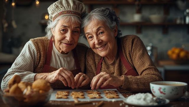 Senior Sisters Baking Together in Warm Kitchen