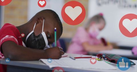 Children in Classroom with Social Media Concepts Overlay