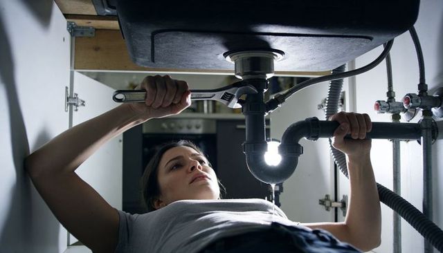 Woman repairing kitchen sink p-trap under cabinet using adjustable wrench and light