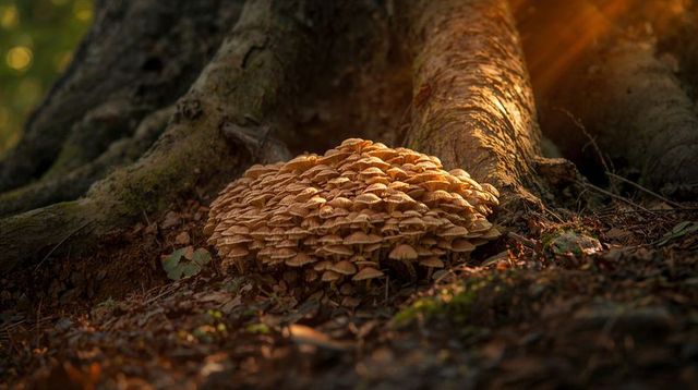 Golden hour mushroom cluster at tree roots backlit forest floor with moss and sunlight
