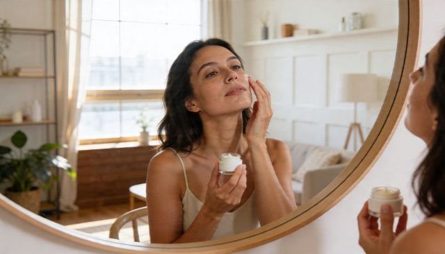 Woman applying facial moisturizer at vanity in sunlit bedroom with plants, natural skincare