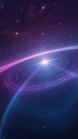 Vertical cosmic panorama presenting radiant star illuminating ringed planet and swirling nebula
