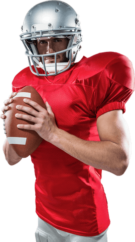 Transparent confident football player in red jersey holding ball