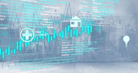 Digital energy analytics over cityscape with data overlay