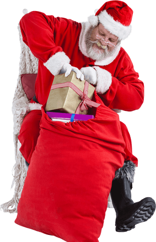 Jolly Santa Claus Packing Gifts in Transparent Bag on Chair