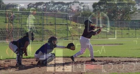 Diverse Female Athletes in Baseball with Digital Interface Overlay