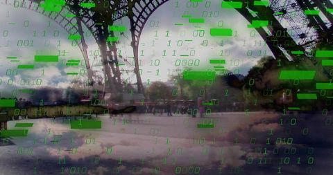 Eiffel Tower with Futuristic Binary Code Overlay