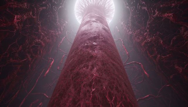 Rising monolithic organic column reaching luminous circular opening with glowing filaments