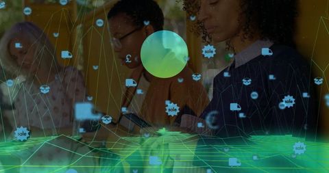 Diverse Team Analyzing Digital Data with AR Technology Interface