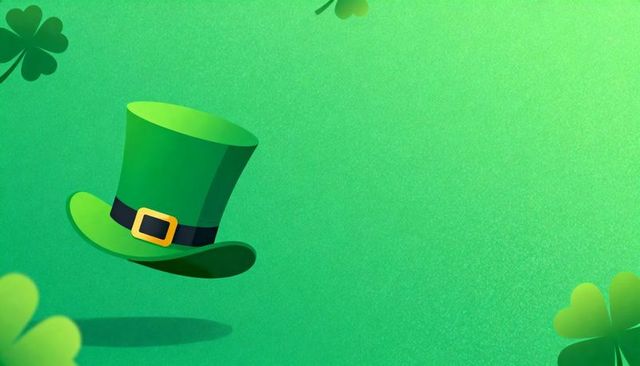 Leprechaun Hat Tilting on Green Gradient with Shamrocks and Generous Copy Space