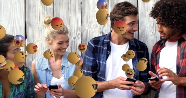 Friends Enjoying Social Media with Emojis Outdoors - Download Free Stock Images Pikwizard.com