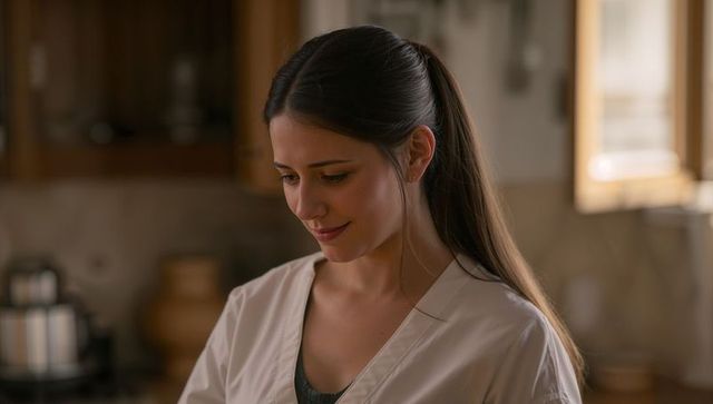Smiling woman wearing light wrap top and dark camisole standing by sunlit kitchen counter