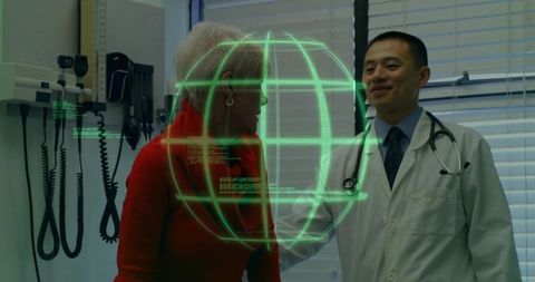 Doctor discussing futuristic health data with senior patient