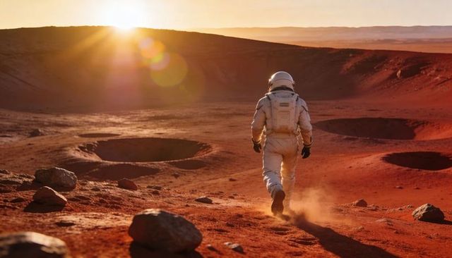 Astronaut walking across Martian cratered plain at sunrise leaving dusty footprints