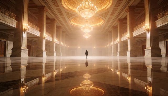 Standing solitary figure in grand gilded hall with glowing chandeliers and mirrored marble floor
