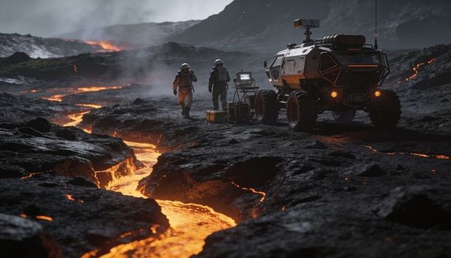 Researchers surveying lava fissure with all-terrain rover on volcanic expedition