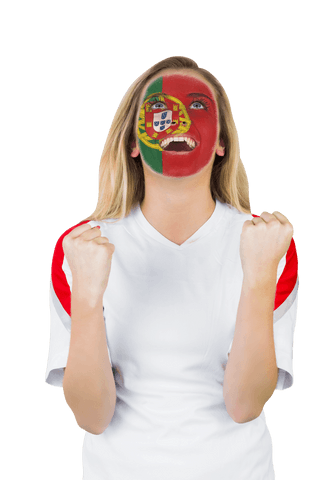 Excited Fan Cheering with Portuguese Face Paint Transparent Background