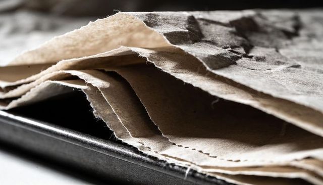 Layered torn kraft paper closeup showing frayed edges, perforation and strong texture