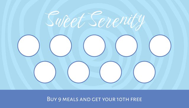 This loyalty card design with serene blue waves and circular stamps is ideal for cafes and restaurants seeking to promote customer loyalty programs. It rewards customers with a free meal after purchasing nine, encouraging frequent visits and repeat business. Perfect for printing and distributing to patrons, aiding in customer retention efforts.