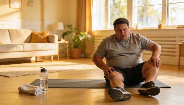 Middle-aged man catching breath after intense home workout on mat in sunlit cozy living room