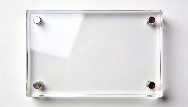 Clear acrylic panel with metal standoffs flatlay for signage framing and display mockups