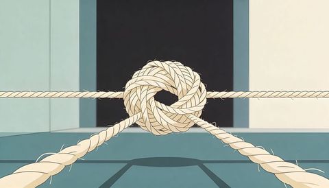 Sculptural circular braided rope knot suspended over teal architectural minimalist interior