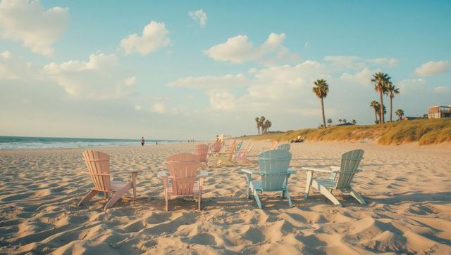 Pastel Chairs on Sunny Beach with Palm Trees