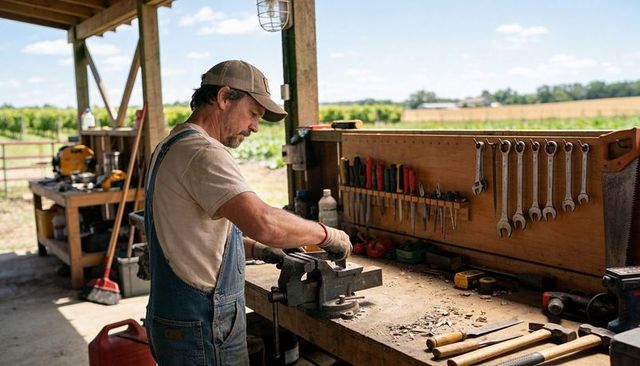 Farmer repairing metal with vise at sunlit farm workshop bench wearing overalls and cap