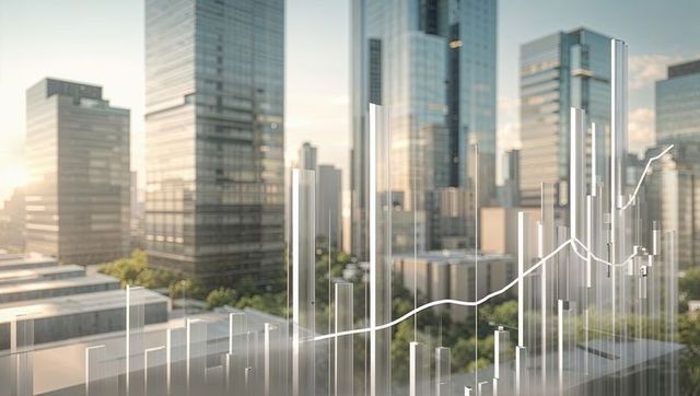 Modern Cityscape with Financial Data Overlapping Skyscrapers