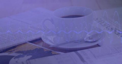 Coffee cup on newspaper with digital waveform overlay