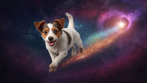 Jack russell terrier leaping through cosmic comet trail toward glowing portal in nebula