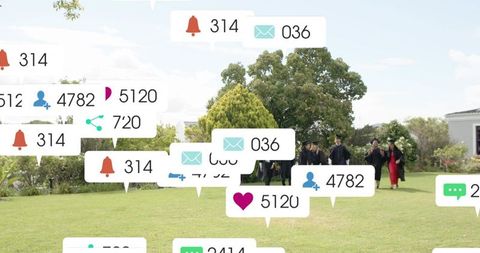 Graduates walking across campus lawn with social notification bubbles celebrating milestone