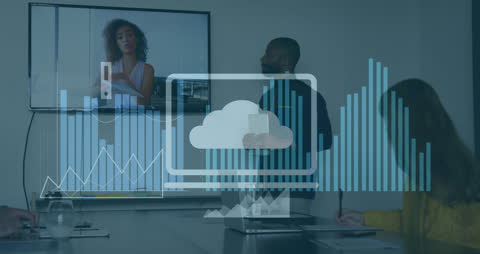 Business Meeting with Cloud Technology Overlay and Digital Data Charts