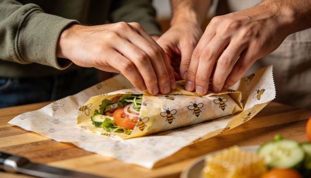 Hands wrapping fresh vegetable wrap in bee-print parchment for eco-friendly meal prep