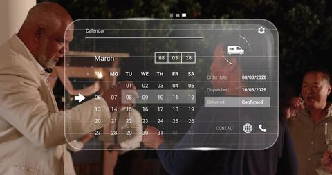 Woman pointing at holographic calendar during backyard evening gathering