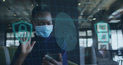 Businesswoman using smartphone with digital security interface