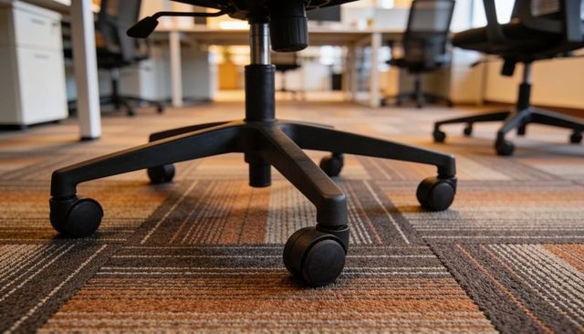 Black office chair base rolling on patterned commercial carpet in modern workspace