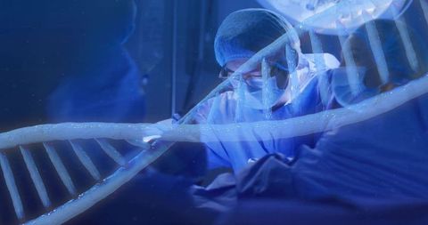 Surgeon performing precision surgery with DNA helix overlay representing genomic medicine