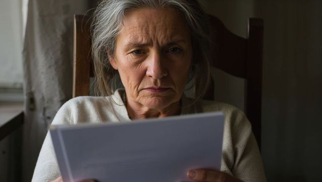 Senior woman reading letter by window showing worry and thoughtful reflection