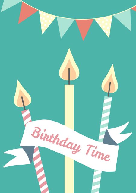 Ideal for birthday party invitations, greeting cards, and festive decorations. Uses bright colors and playful design elements, such as candles and bunting, to evoke a joyous and celebratory mood.