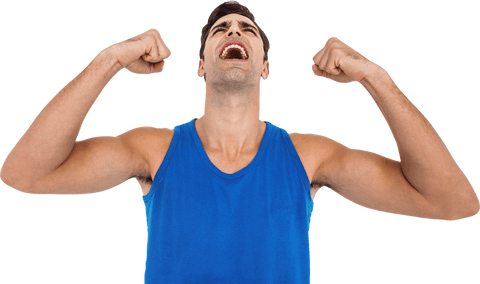 Caucasian Man Flexing Muscles in Blue Tank on Transparent Background
