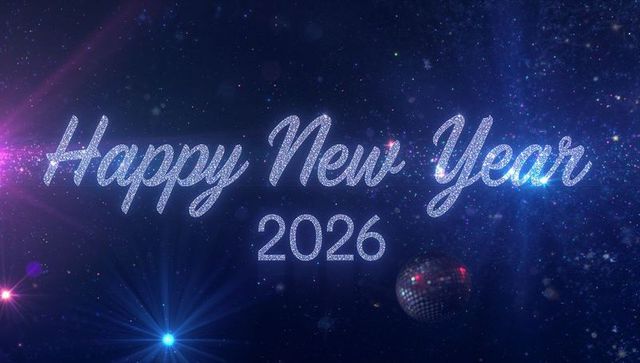 Glittering Happy New Year 2026 Cursive Script on Starry Navy Sky With Disco Ball and Lens Flares