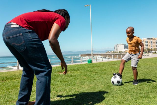 Father and son enjoying a game of soccer on a grassy promenade by the beach on a sunny day. Perfect for illustrating family bonding, outdoor activities, and healthy lifestyles. Ideal for use in advertisements, family-oriented content, and lifestyle blogs.