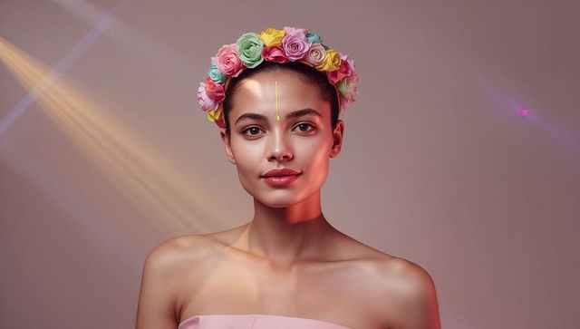 Artistic portrait of elegant model wearing floral headband in studio light