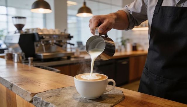 Barista pouring microfoam creating latte art on wooden cafe counter with steaming cappuccino