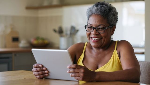 Happy Mature Woman Using Tablet in Kitchen for Video Call