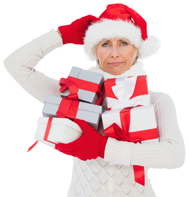 Thoughtful Caucasian Woman in Santa Hat Holding Gift Boxes on Transparent Background - Download Free Stock Videos Pikwizard.com