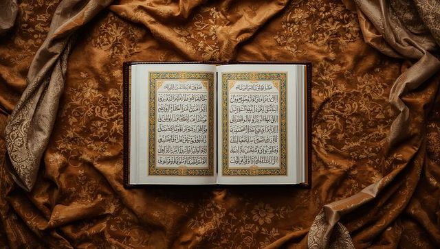 Open quran with illuminated arabic calligraphy on luxurious gold brocade fabric and gilded borders